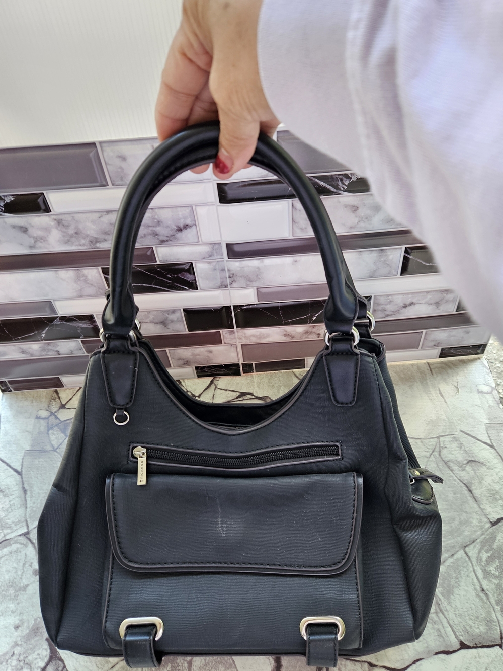 Classic Black Shoulder Tote with Front Zip and Snap Pocket - Picture 10 of 16